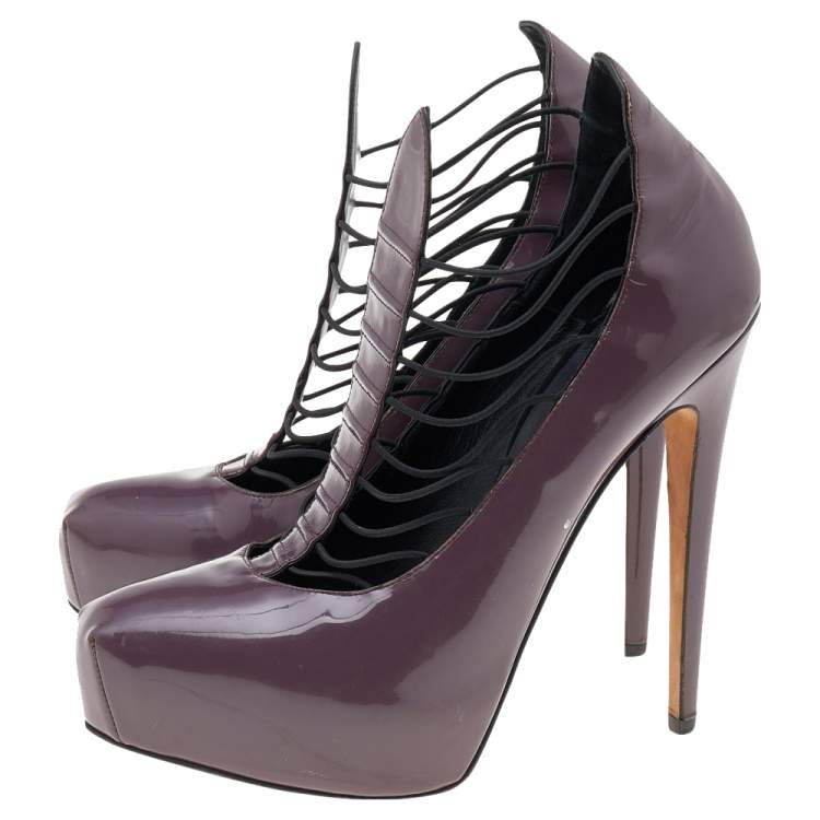 Pre Owned Brian Atwood Mauve Patent Leather Cage Platform Pumps Size 39