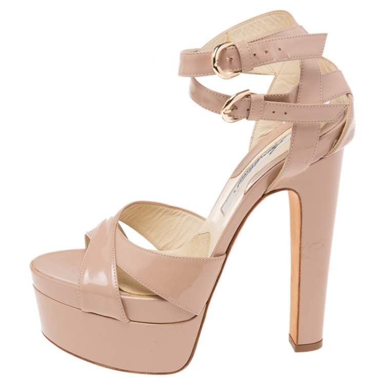 Pre Owned Brian Atwood Beige Patent Leather Platform Ankle Strap Sandals Size 39.5