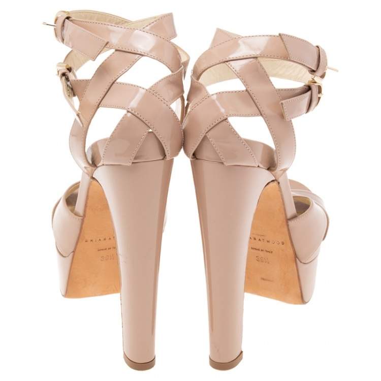Pre Owned Brian Atwood Beige Patent Leather Platform Ankle Strap Sandals Size 39.5