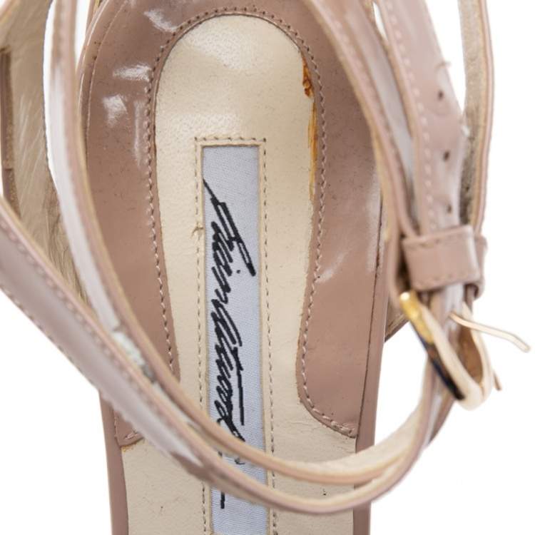 Pre Owned Brian Atwood Beige Patent Leather Platform Ankle Strap Sandals Size 39.5