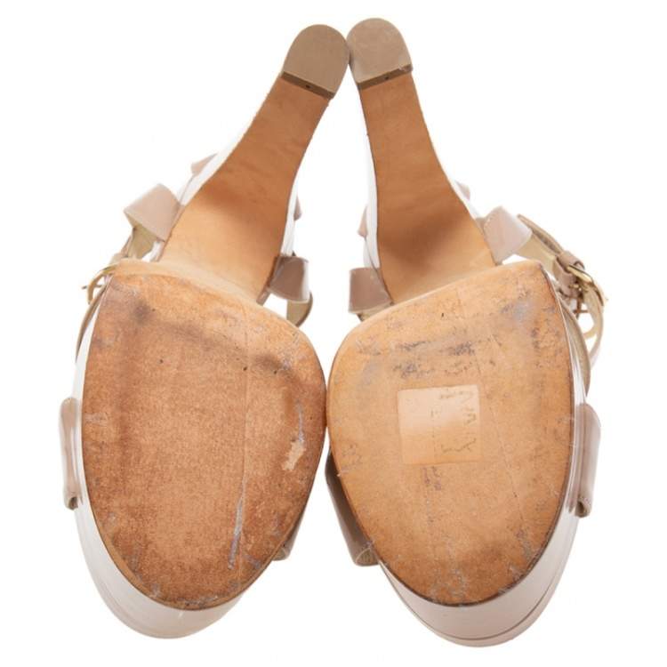 Pre Owned Brian Atwood Beige Patent Leather Platform Ankle Strap Sandals Size 39.5