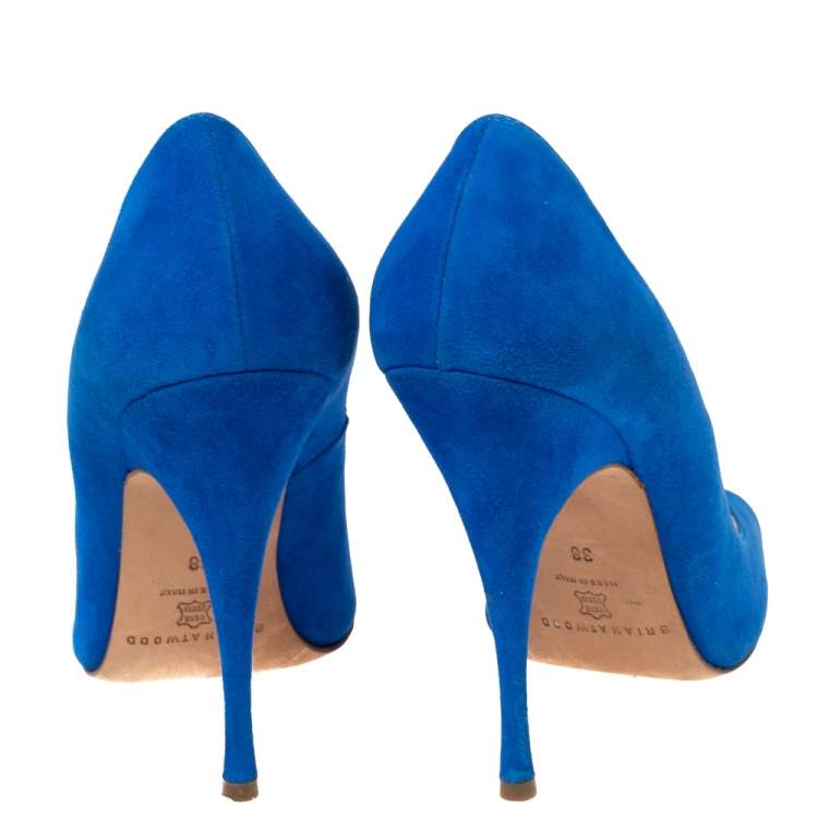 Pre Owned Brian Atwood Royal Blue Suede Open-Toe Pumps Size 38