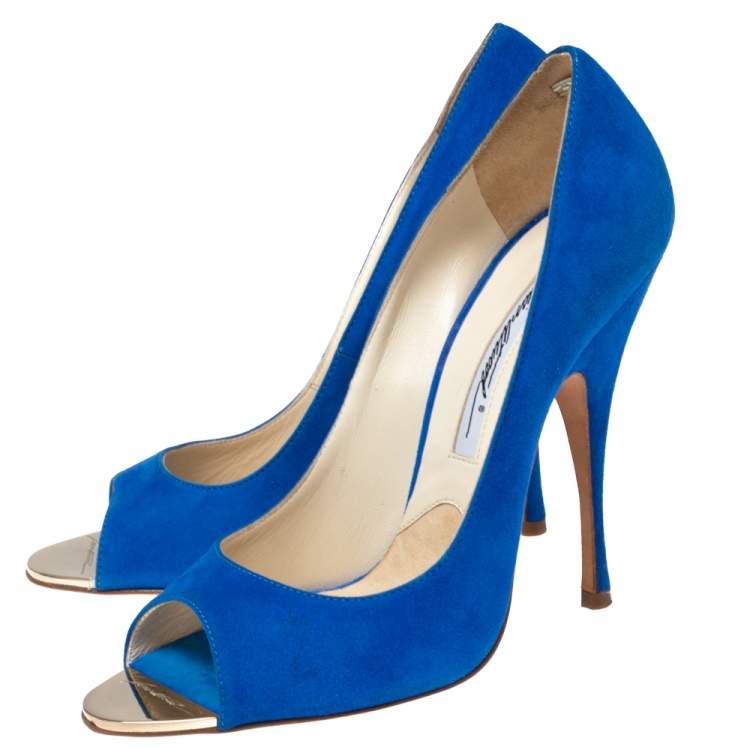 Pre Owned Brian Atwood Royal Blue Suede Open-Toe Pumps Size 38