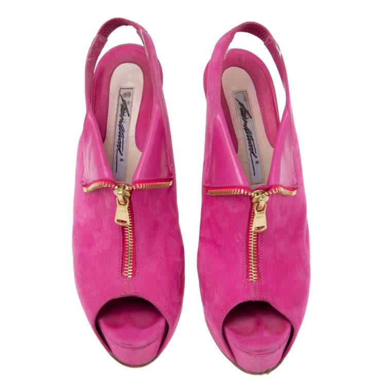 Pre Owned Brian Atwood Pink Nubuck Leather  Peep Toe Slingback Platform Sandals Size 38