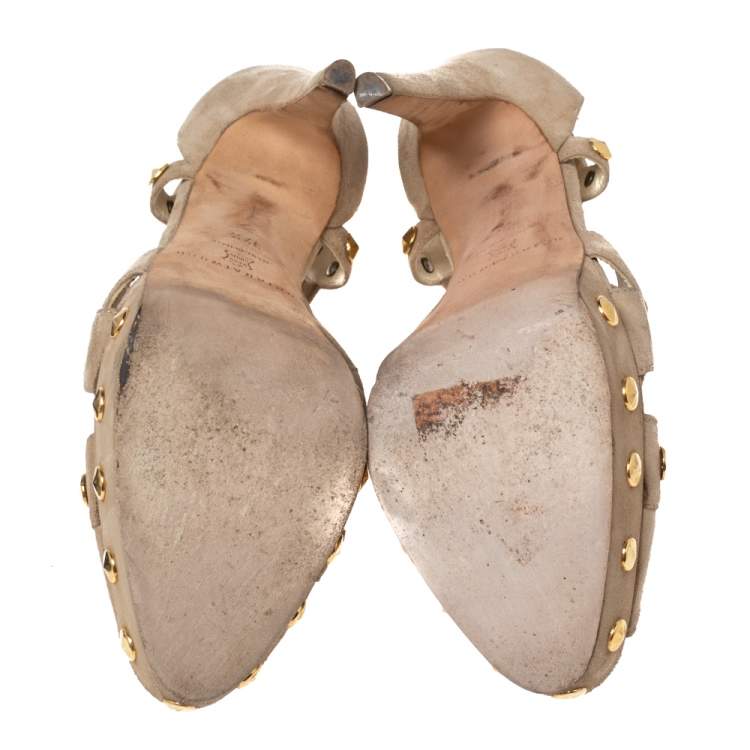 Pre Owned Brian Atwood Beige Cut-Out Studded Suede Peep-Toe Platform Pumps Size 37.5