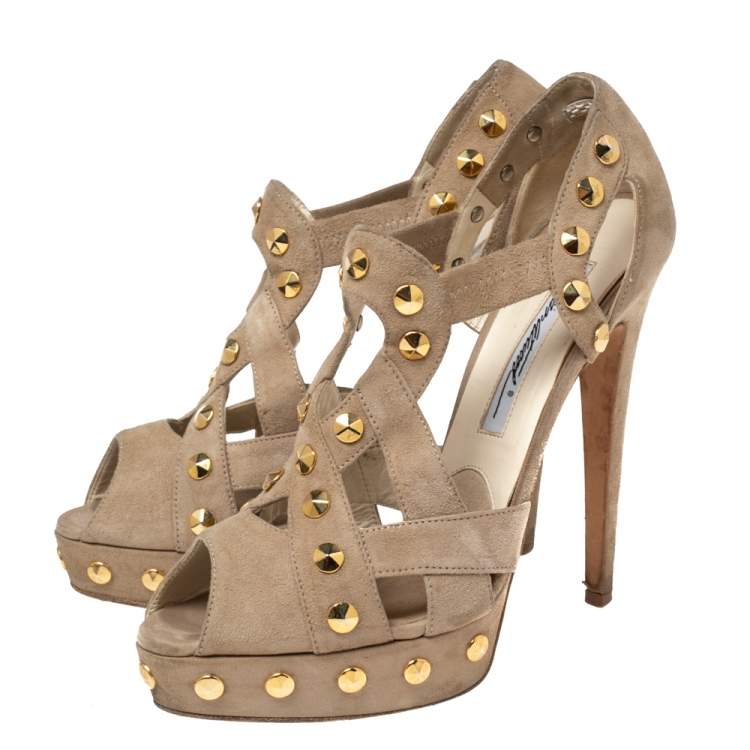 Pre Owned Brian Atwood Beige Cut-Out Studded Suede Peep-Toe Platform Pumps Size 37.5