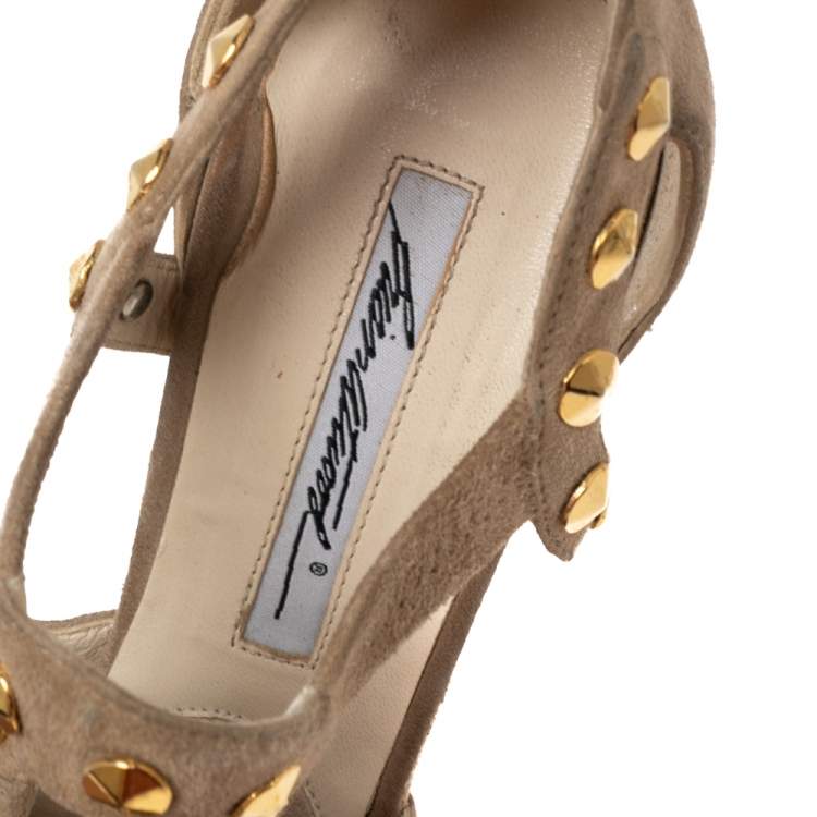 Pre Owned Brian Atwood Beige Cut-Out Studded Suede Peep-Toe Platform Pumps Size 37.5