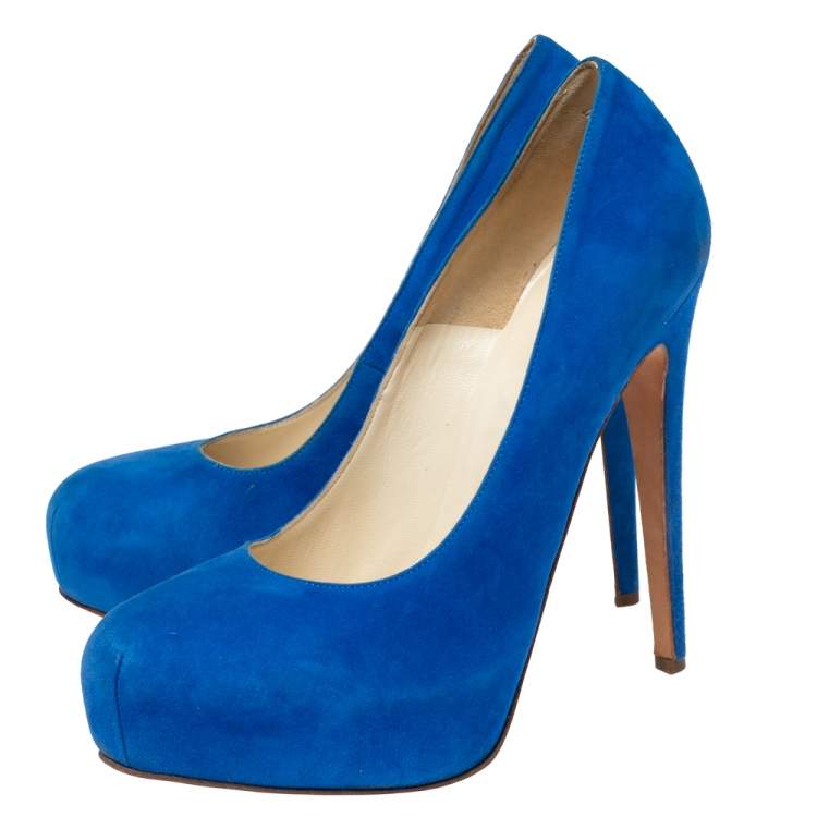 Pre Owned Brian Atwood Royal Blue Suede Maniac Platform Pumps Size 38.5