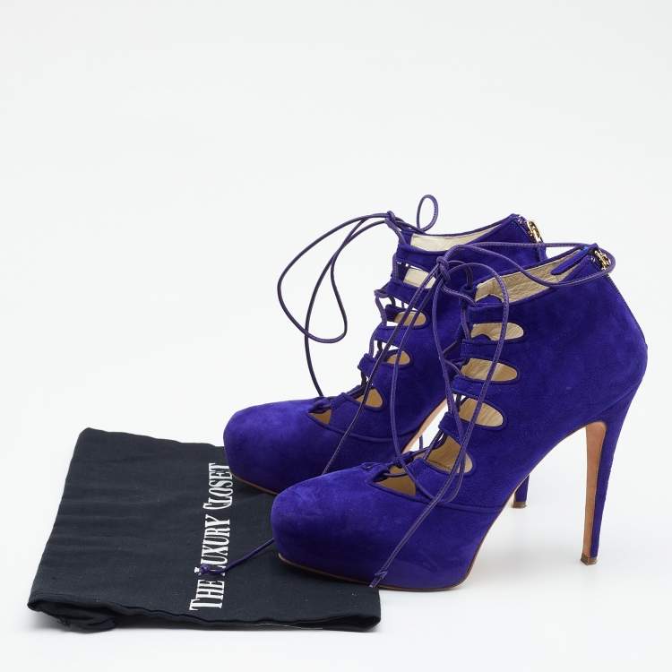 Pre Owned Brian Atwood Purple Suede Lace up Booties Size 38.5
