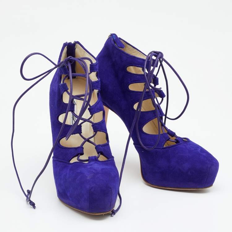 Pre Owned Brian Atwood Purple Suede Lace up Booties Size 38.5