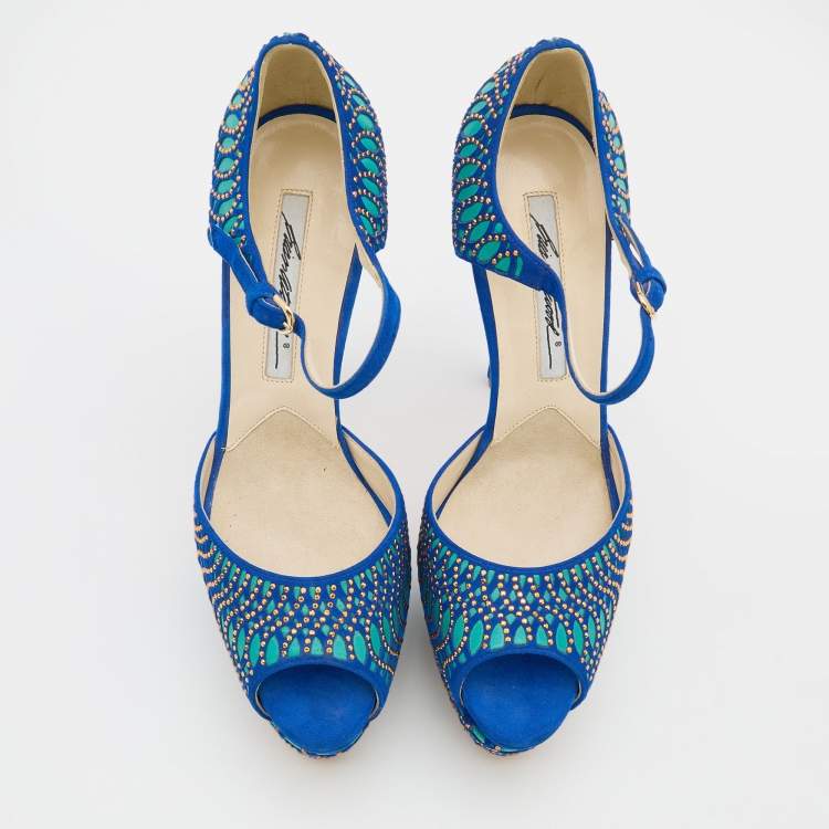 Pre Owned Brian Atwood Blue Tribeca Laser Suede and Leather Peep Toe Platform Sandals Size 37