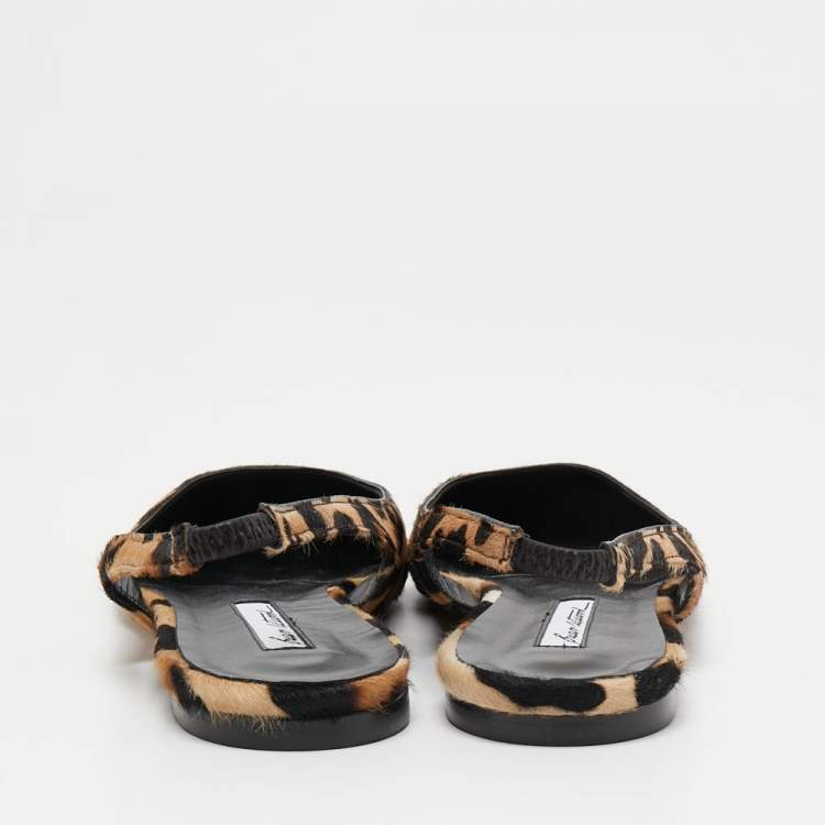 Pre Owned Brian Atwood Beige Leopard Print Calf Hair and Leather Slingback Sandals Size 38.5