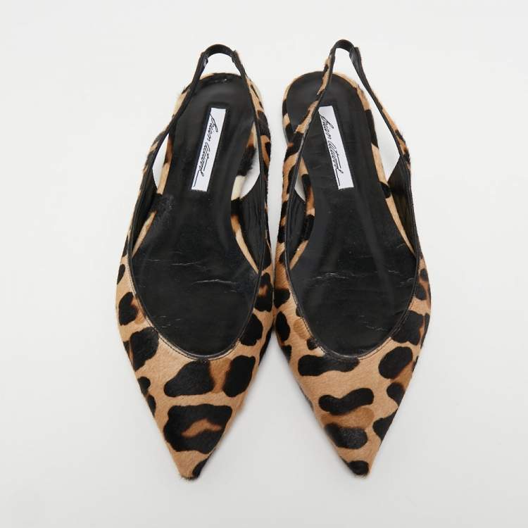 Pre Owned Brian Atwood Beige Leopard Print Calf Hair and Leather Slingback Sandals Size 38.5