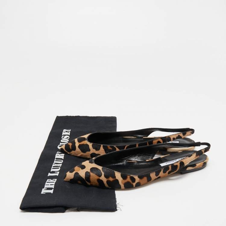 Pre Owned Brian Atwood Beige Leopard Print Calf Hair and Leather Slingback Sandals Size 38.5