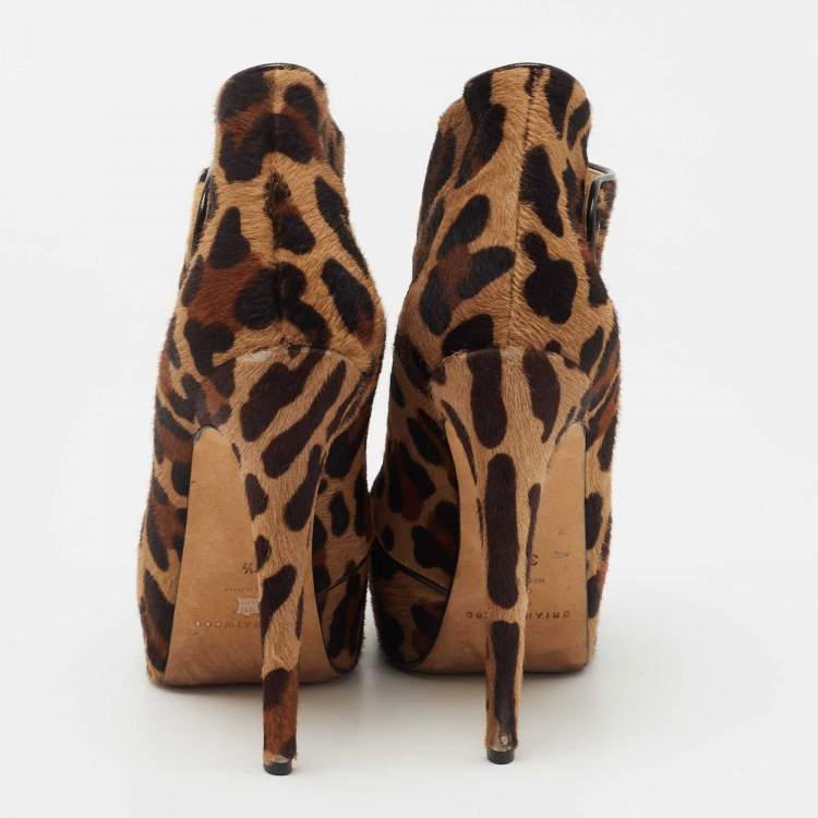 Pre Owned Brian Atwood  Brown/Black Leopard Print Calf Hair Ankle Boots Size 38.5