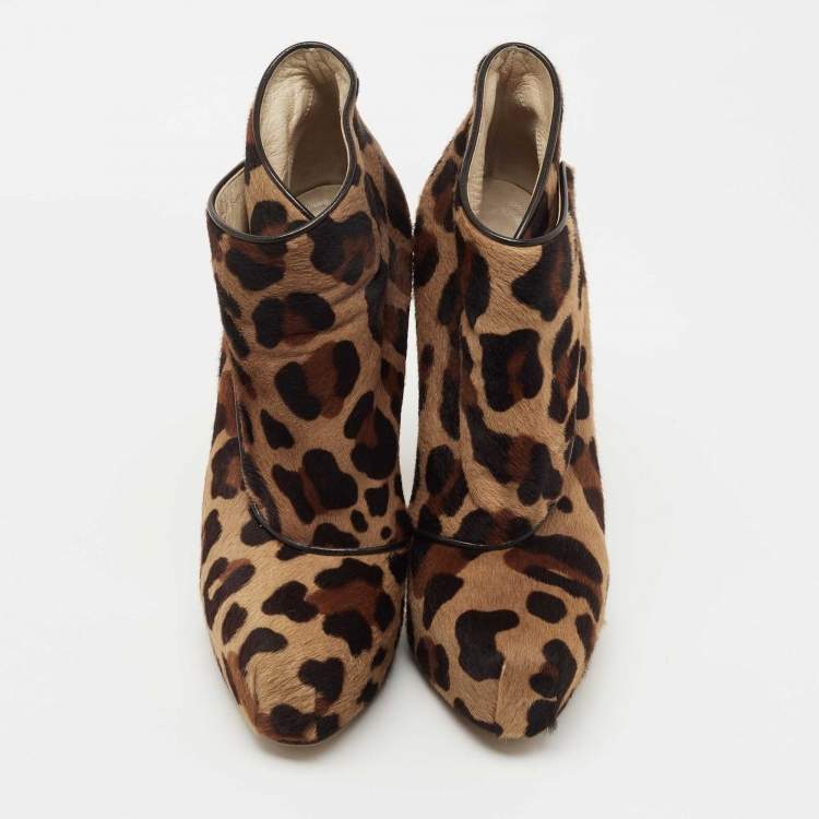 Pre Owned Brian Atwood  Brown/Black Leopard Print Calf Hair Ankle Boots Size 38.5
