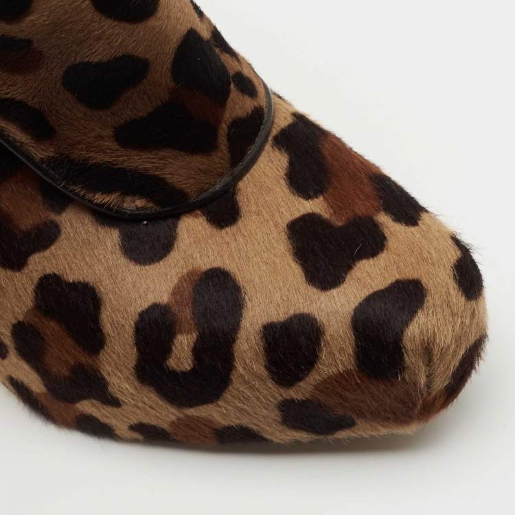 Pre Owned Brian Atwood  Brown/Black Leopard Print Calf Hair Ankle Boots Size 38.5