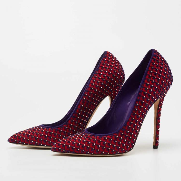 Pre Owned Brian Atwood Red/Blue Suede Embroidered and Studded Pumps Size 39