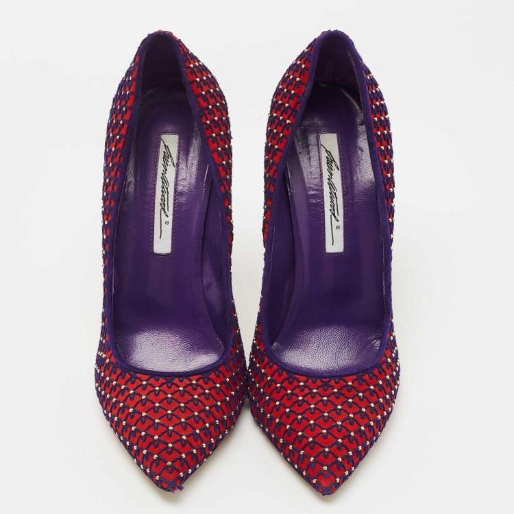 Pre Owned Brian Atwood Red/Blue Suede Embroidered and Studded Pumps Size 39