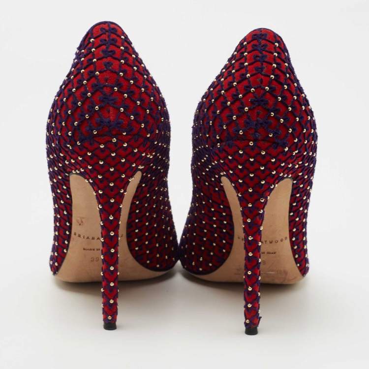 Pre Owned Brian Atwood Red/Blue Suede Embroidered and Studded Pumps Size 39