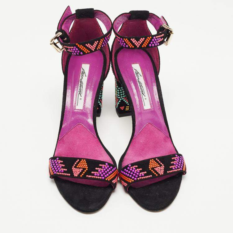 Pre Owned Brian Atwood Black Suede Embellished Ankle Strap Sandals Size 38