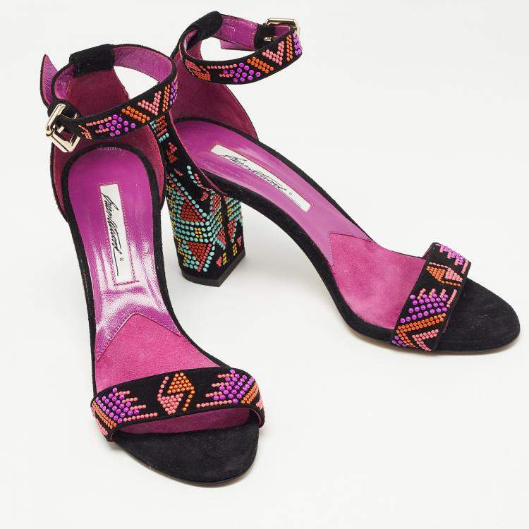 Pre Owned Brian Atwood Black Suede Embellished Ankle Strap Sandals Size 38