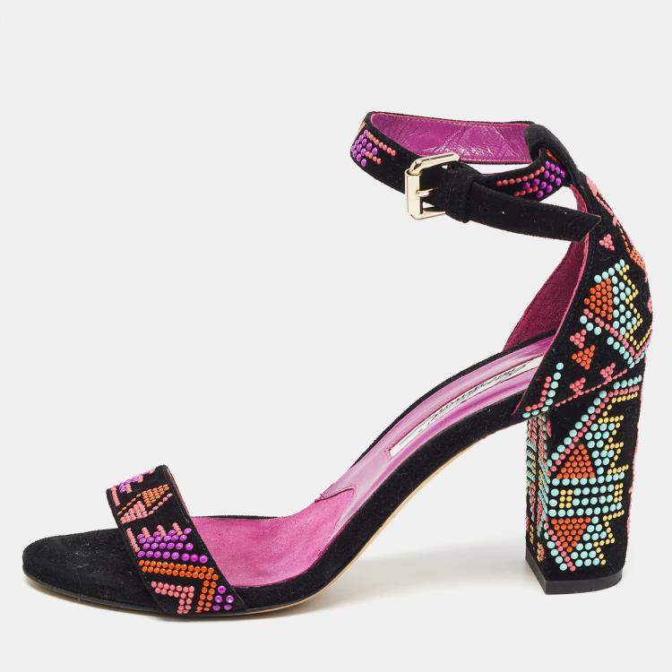 Pre Owned Brian Atwood Black Suede Embellished Ankle Strap Sandals Size 38