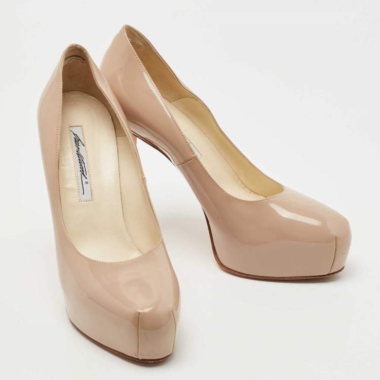 Pre Owned Brian Atwood Beige Patent Leather Platform Pumps Size 39.5