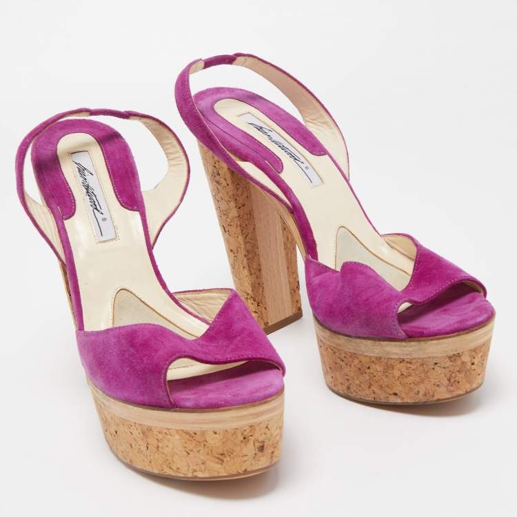 Pre Owned Brian Atwood Purple Suede  Peep Toe Slingback Platform Sandals Size 39.5