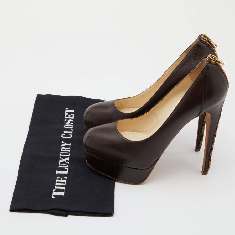Pre Owned Brian Atwood Brown Leather Chain Heel Platform Pumps Size 38.5