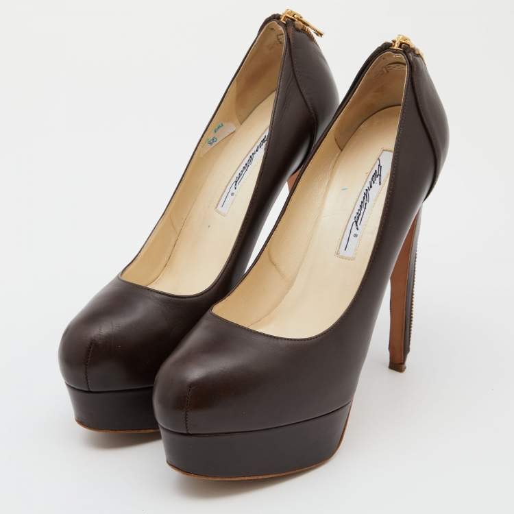 Pre Owned Brian Atwood Brown Leather Chain Heel Platform Pumps Size 38.5