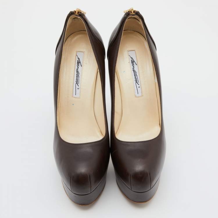 Pre Owned Brian Atwood Brown Leather Chain Heel Platform Pumps Size 38.5