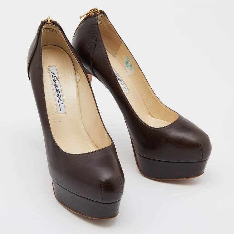 Pre Owned Brian Atwood Brown Leather Chain Heel Platform Pumps Size 38.5