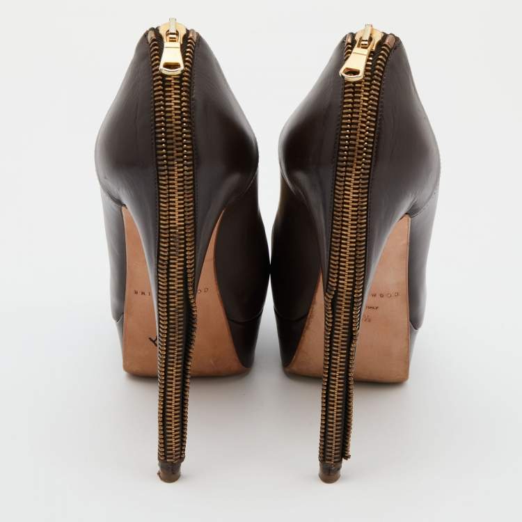 Pre Owned Brian Atwood Brown Leather Chain Heel Platform Pumps Size 38.5
