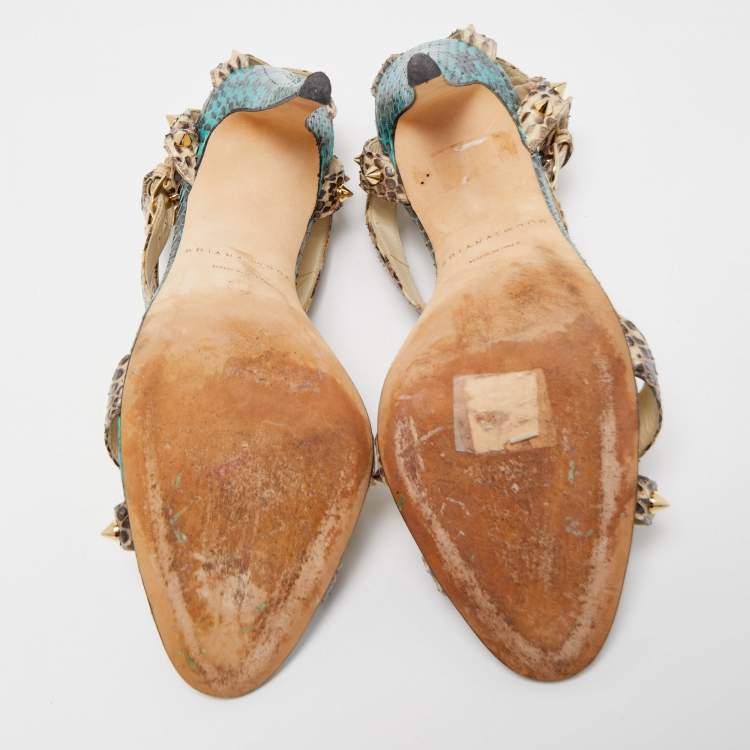 Pre Owned Brian Atwood Beige/Blue Python Ankle Strap  Sandals Size 38