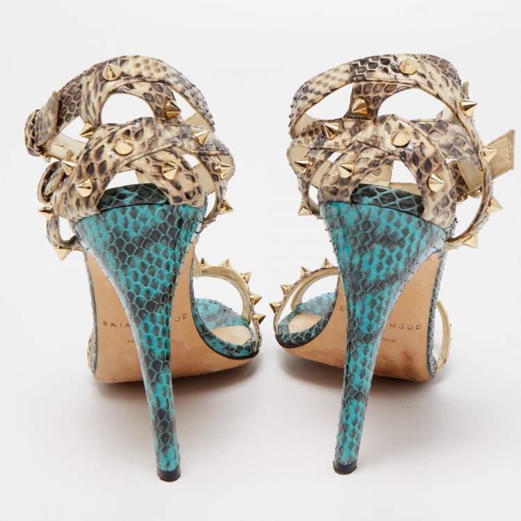 Pre Owned Brian Atwood Beige/Blue Python Ankle Strap  Sandals Size 38
