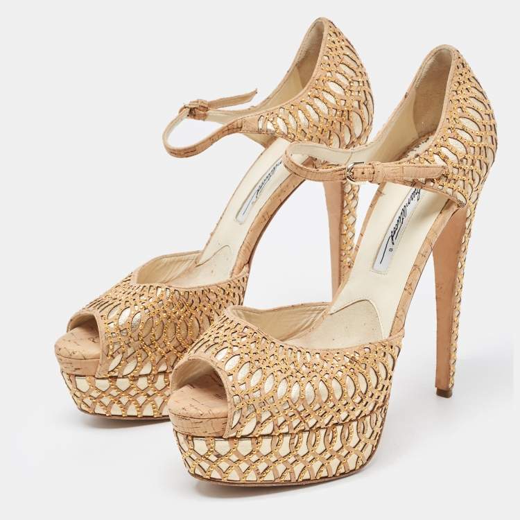 Pre Owned Brian Atwood Brown/Metallic Cork and Leather Ankle Strap Sandals Size 40