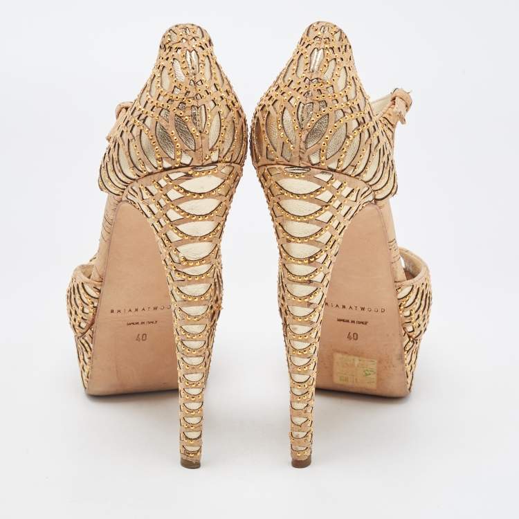 Pre Owned Brian Atwood Brown/Metallic Cork and Leather Ankle Strap Sandals Size 40