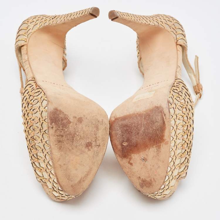 Pre Owned Brian Atwood Brown/Metallic Cork and Leather Ankle Strap Sandals Size 40