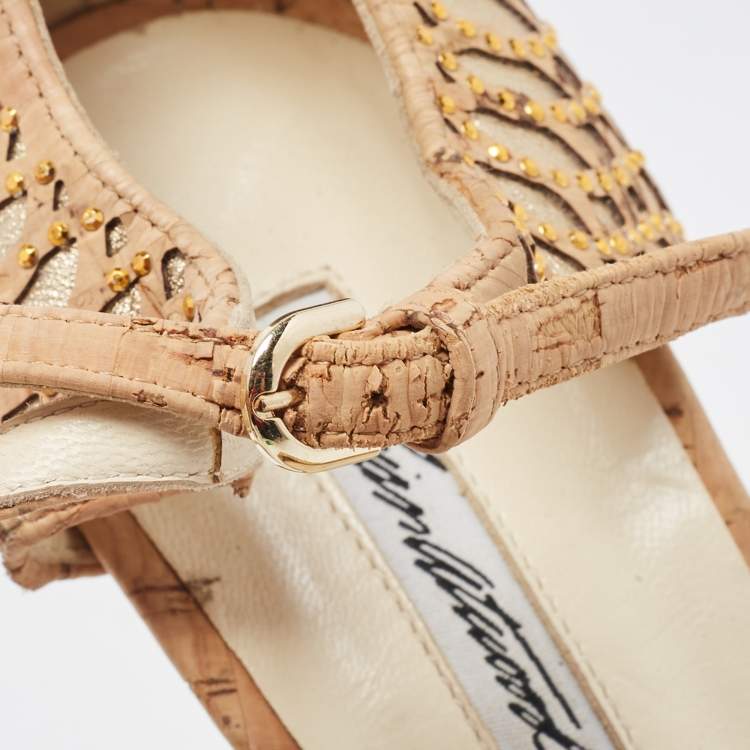 Pre Owned Brian Atwood Brown/Metallic Cork and Leather Ankle Strap Sandals Size 40