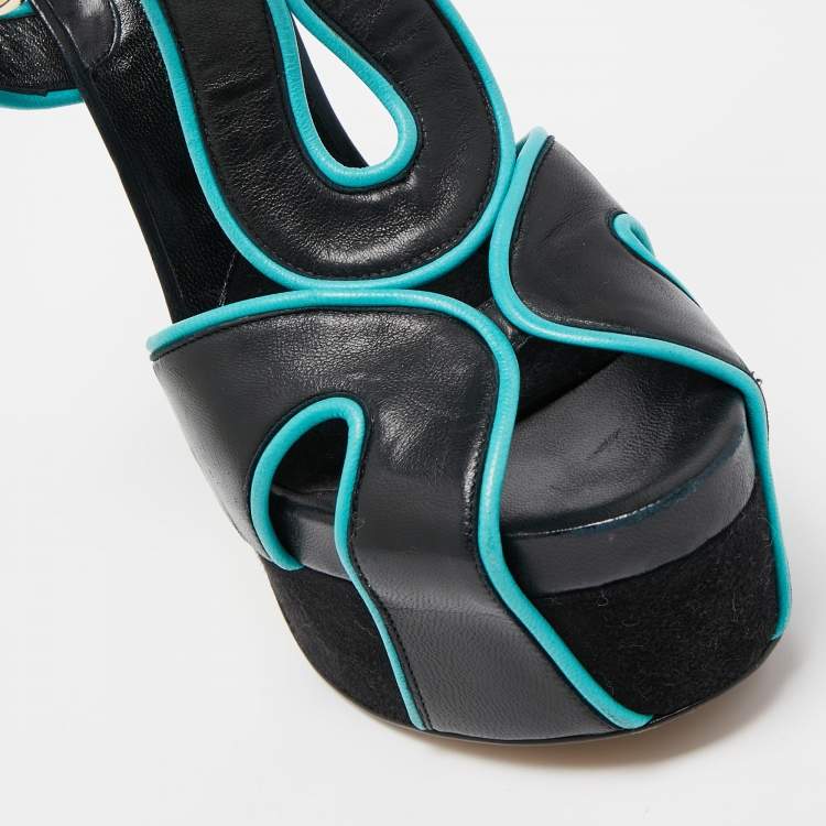 Pre Owned Brian Atwood Black/Blue Leather Platform Ankle Strap Sandals Size 38
