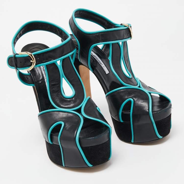 Pre Owned Brian Atwood Black/Blue Leather Platform Ankle Strap Sandals Size 38