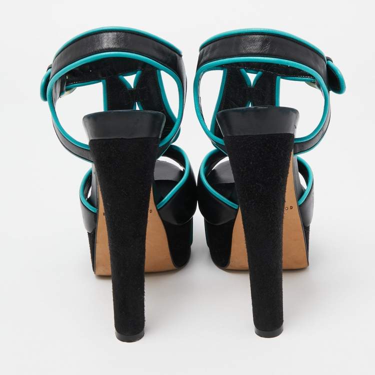 Pre Owned Brian Atwood Black/Blue Leather Platform Ankle Strap Sandals Size 38