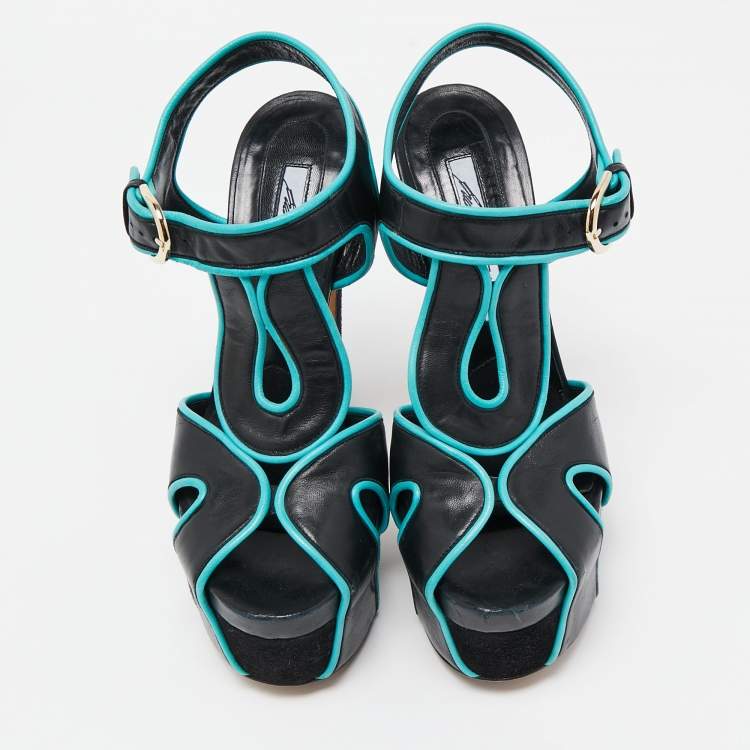 Pre Owned Brian Atwood Black/Blue Leather Platform Ankle Strap Sandals Size 38