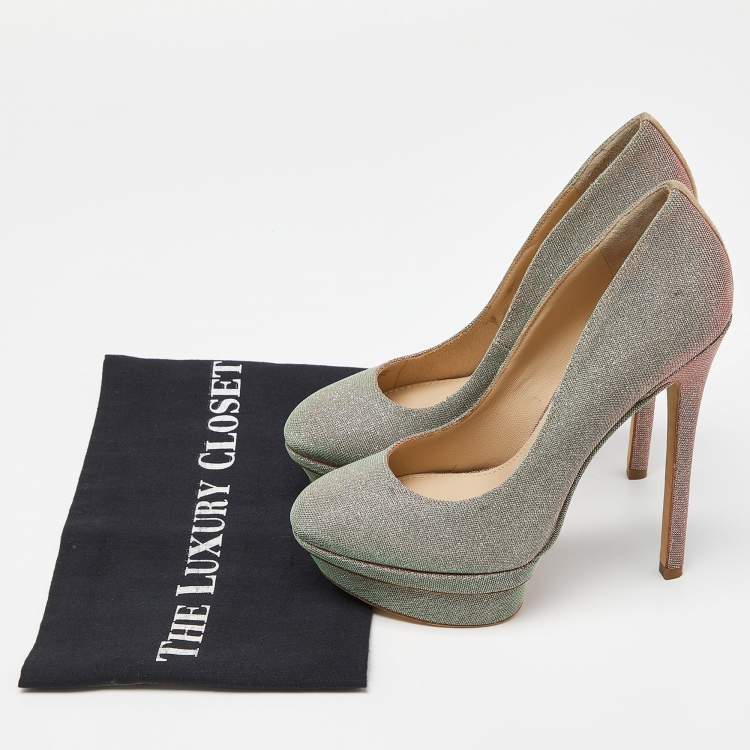 Pre Owned Brian Atwood Holographic Lurex Fabric Platform Pumps Size 37.5