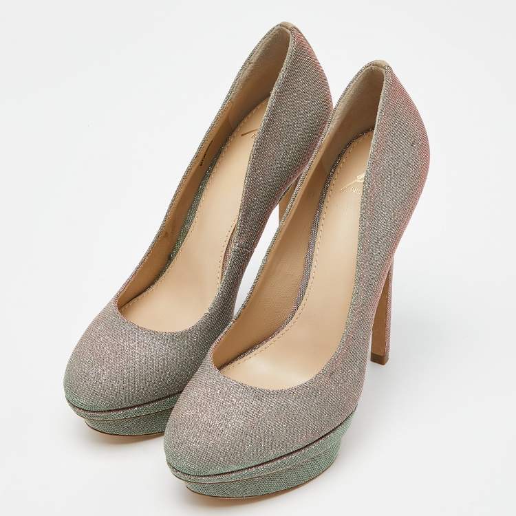 Pre Owned Brian Atwood Holographic Lurex Fabric Platform Pumps Size 37.5