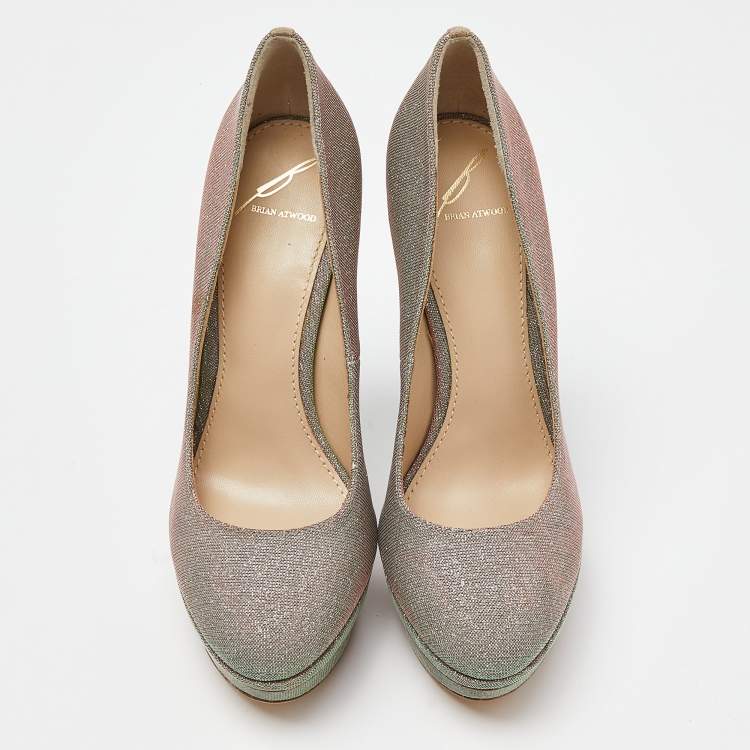 Pre Owned Brian Atwood Holographic Lurex Fabric Platform Pumps Size 37.5