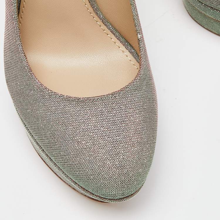 Pre Owned Brian Atwood Holographic Lurex Fabric Platform Pumps Size 37.5