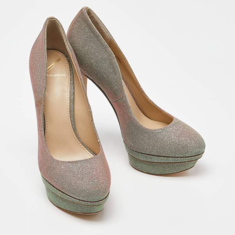 Pre Owned Brian Atwood Holographic Lurex Fabric Platform Pumps Size 37.5