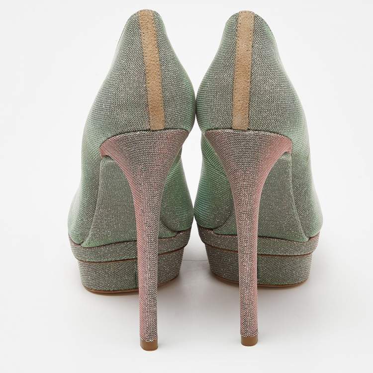 Pre Owned Brian Atwood Holographic Lurex Fabric Platform Pumps Size 37.5